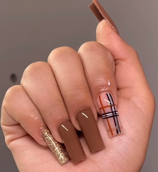 Brown Plaid Nails | Fall press Ons | Handmade Press On Nails