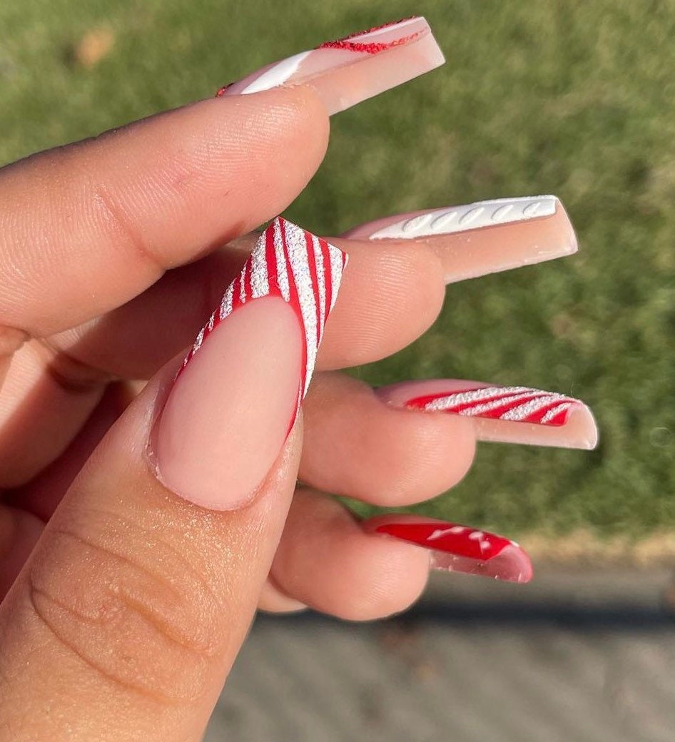 Peppermint Swirl + Sweater French Press ons | Christmas press on nails | Handmade Press On Nails