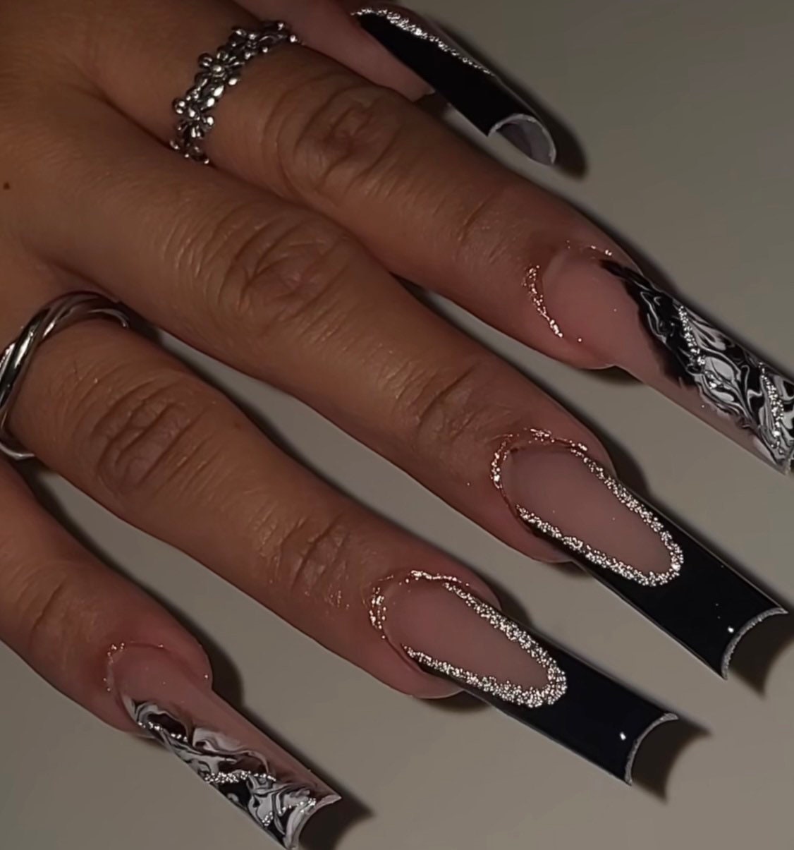 Black Reflective French + Marble press ons | press on nails | Handmade Press On Nails