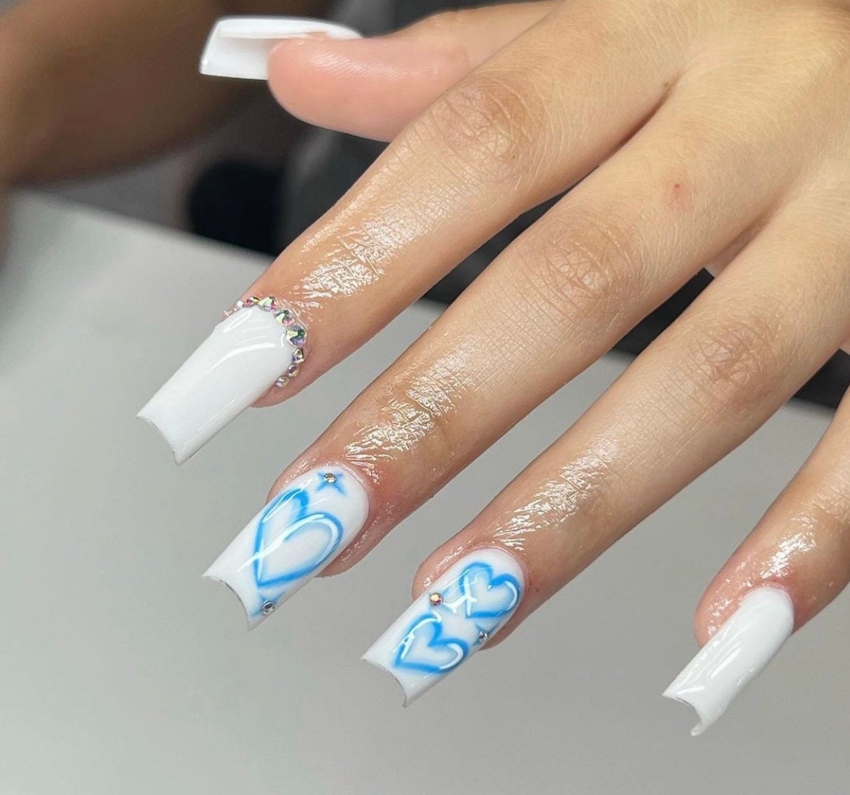 White + Blue Hearts press ons | press on nails | Handmade Press On Nails