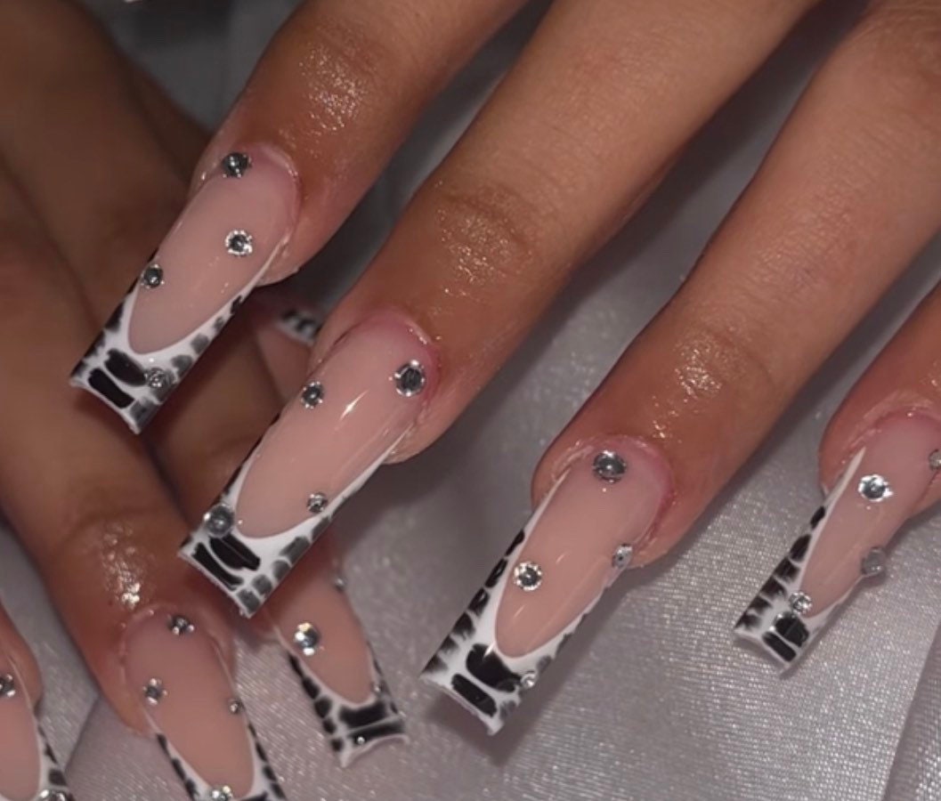 White & Black Croc French + Stones press ons | press on nails | Handmade Press On Nails