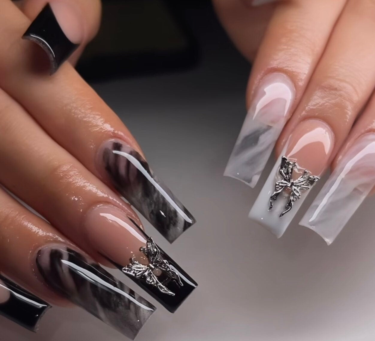 Black & White Marble + French + Charms press ons | press on nails | Handmade Press On Nails