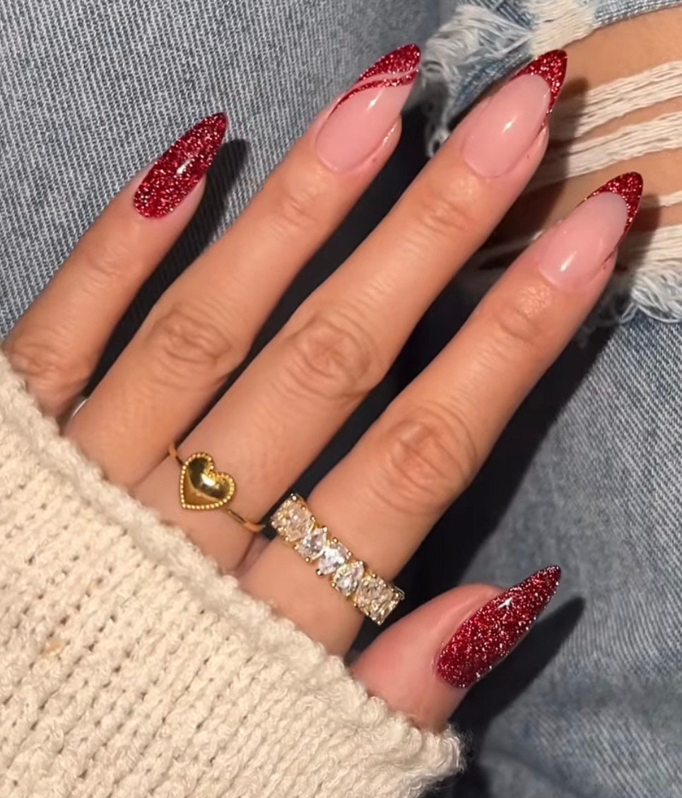 Red Reflective French press ons | Winter press on nails | Handmade Press On Nails