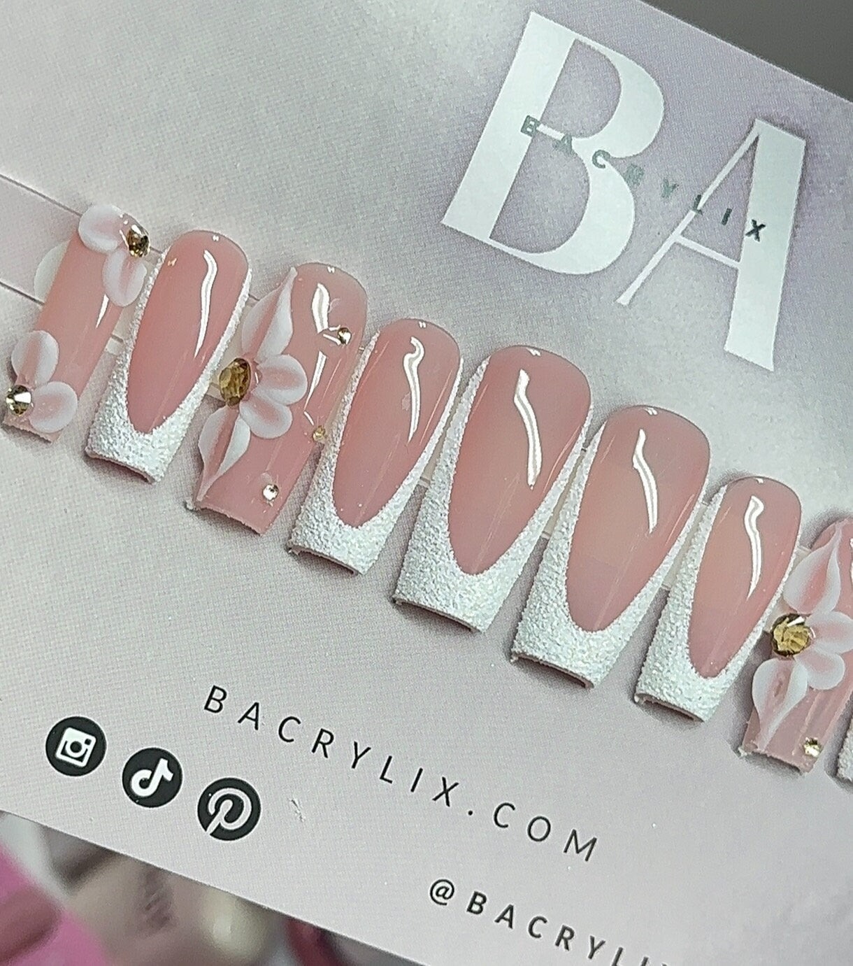 Glitter French + 3D Flower Press Ons | Handmade Press On Nails