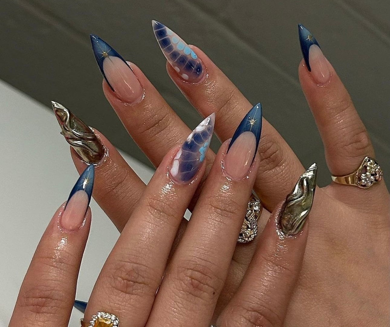 Blue Aura French + 3D Chrome press ons | Spring press on nails | Handmade Press On Nails