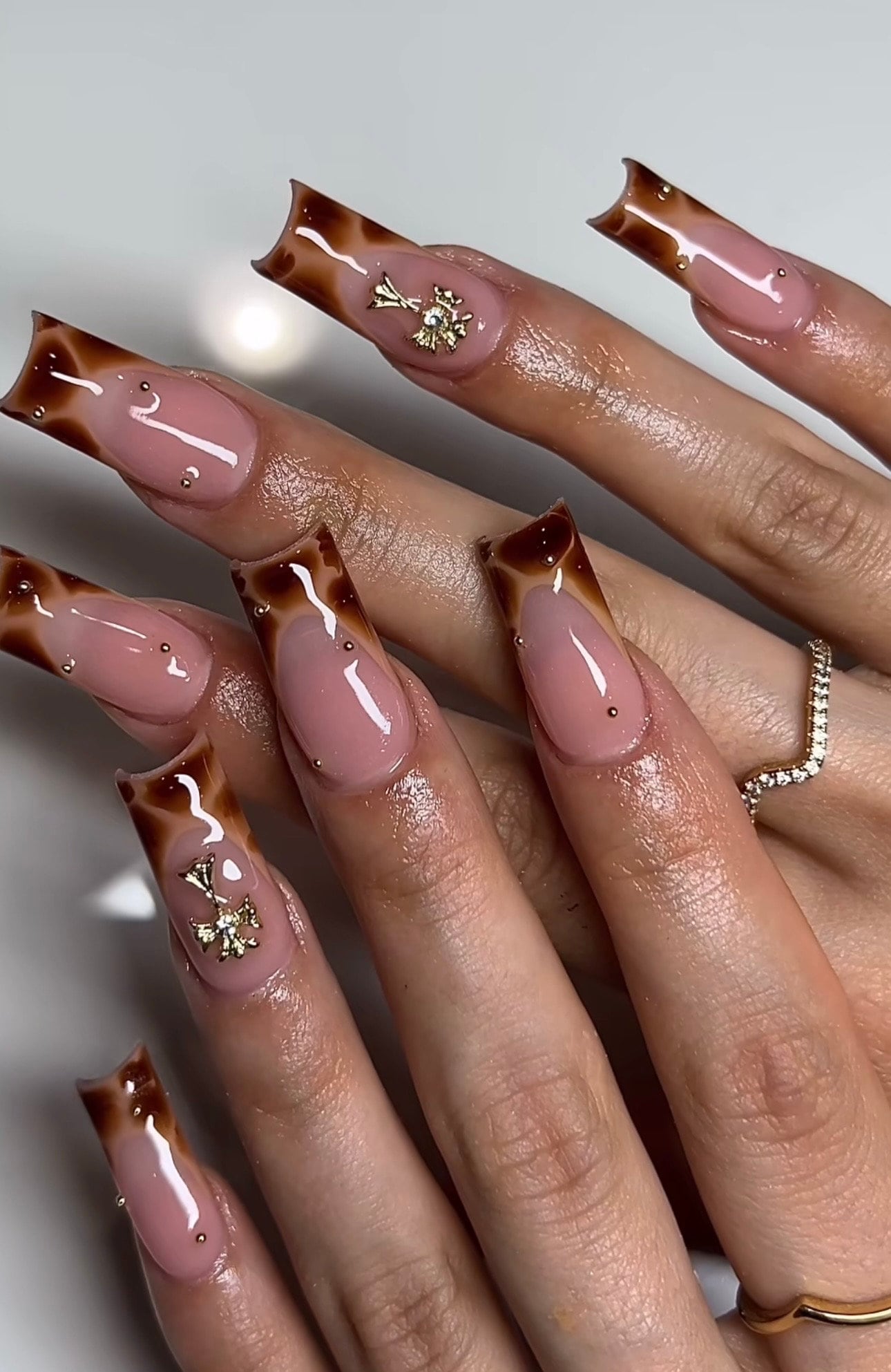 Brown Printed French + Charms press ons | Spring press on nails | Handmade Press On Nails