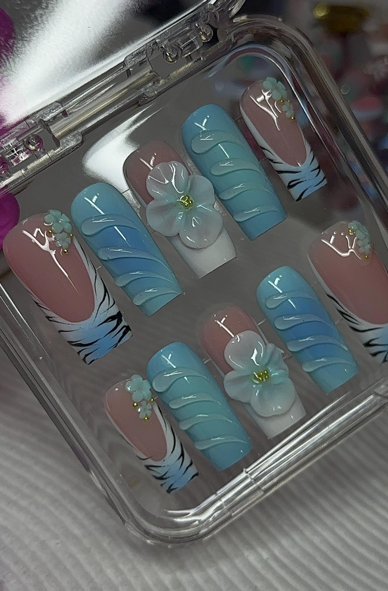 3D Flowers + Animal Print French press ons | Spring press on nails | Handmade Press On Nails