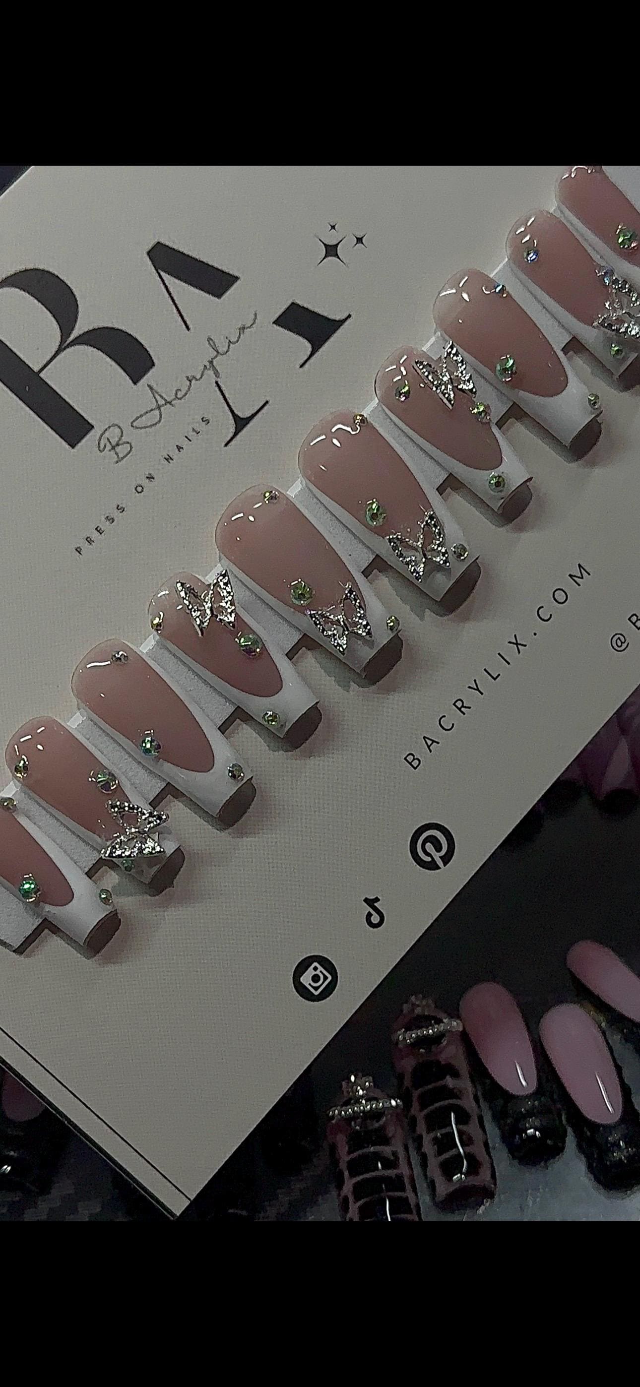 White French + Butterfly Charms press ons | Spring press on nails | Handmade Press On Nails
