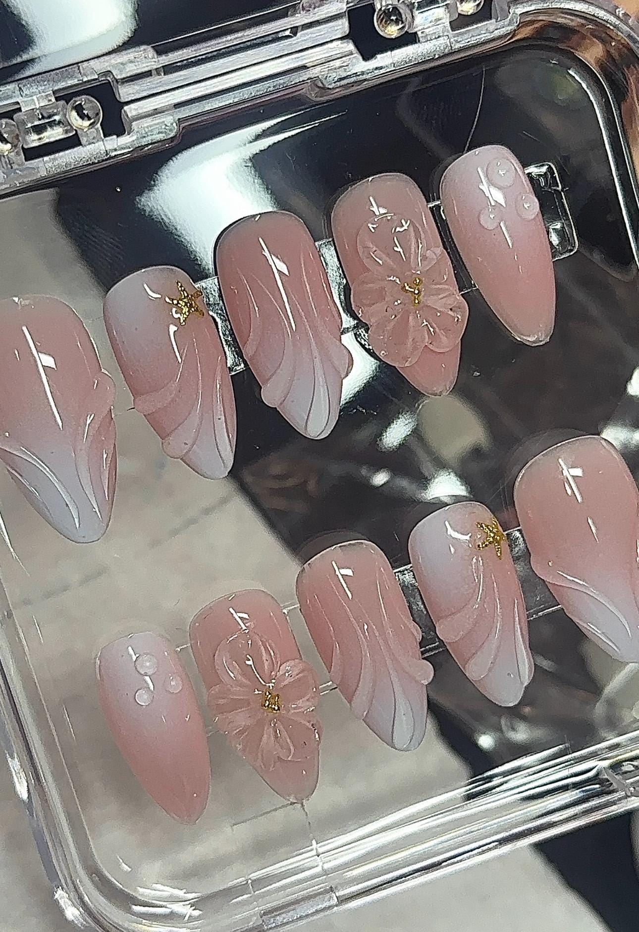 Powder blue 3D Aura + Jelly Flower press ons | Spring press on nails | Handmade Press On Nails