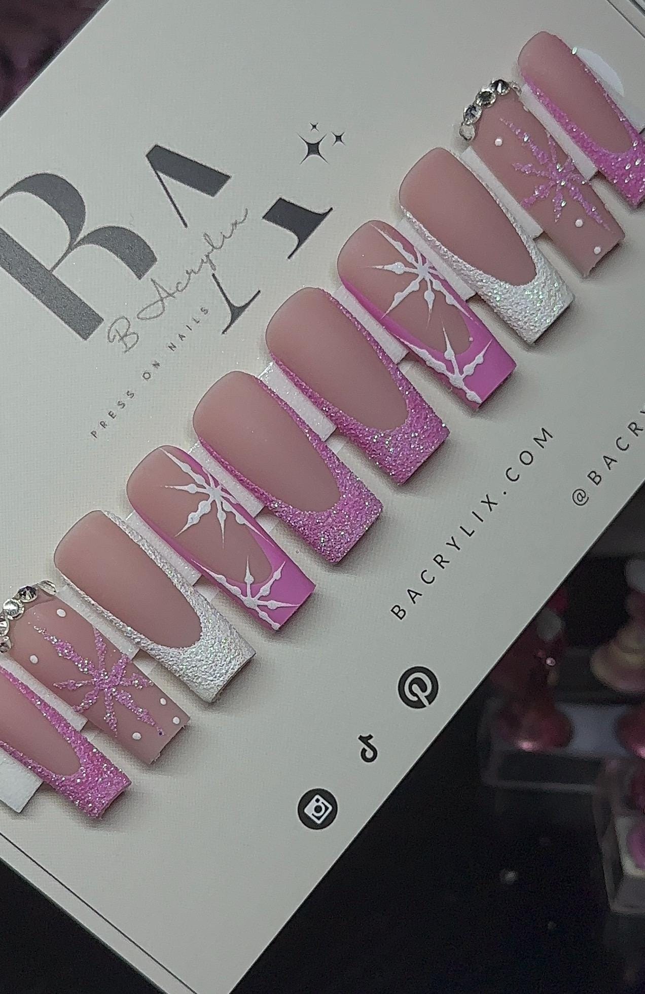 Sugared French + Snowflakes press ons | Holiday press on nails | Handmade Press On Nails | Winter Press on Nails