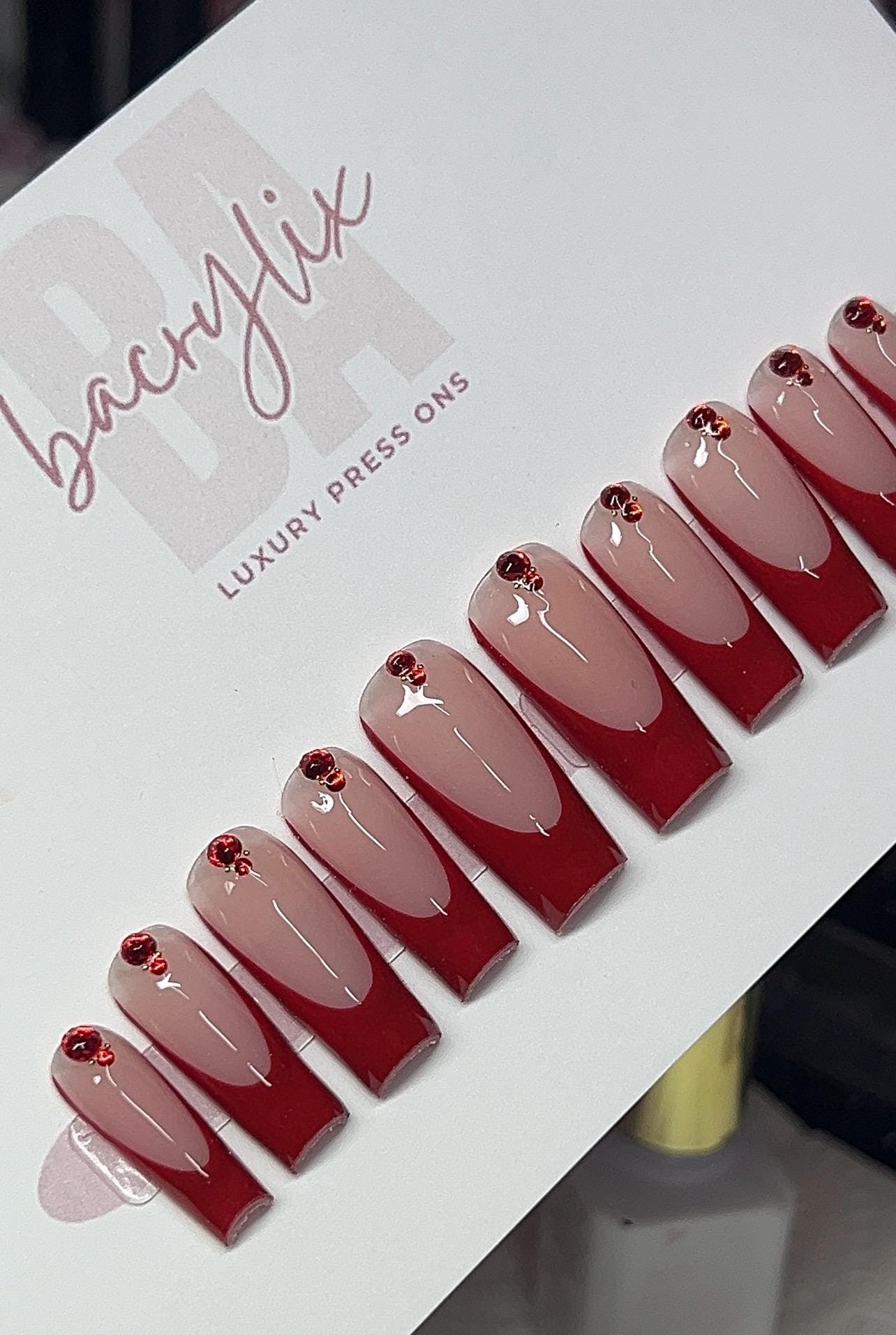 Red French tips + Bling press ons | Spring press on nails | Handmade Press On Nails | SpringPress on Nails