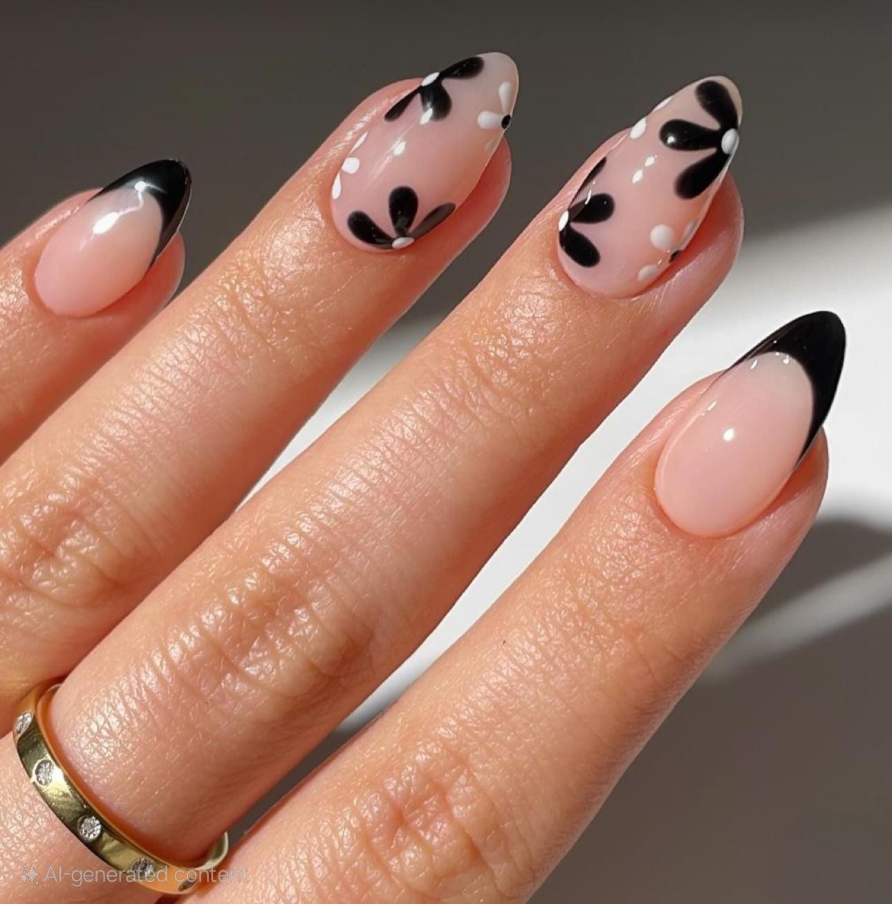Black & White Flowers + Black French press ons | Spring press on nails | Handmade Press On Nails
