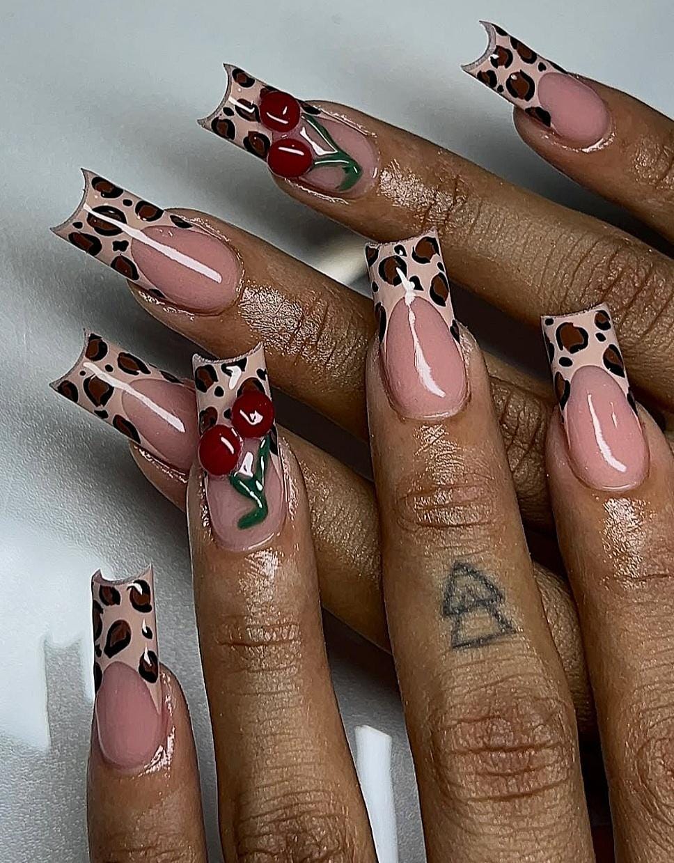 Cheetah French + 3D Cherries press ons | Spring press on nails | Handmade Press On Nails