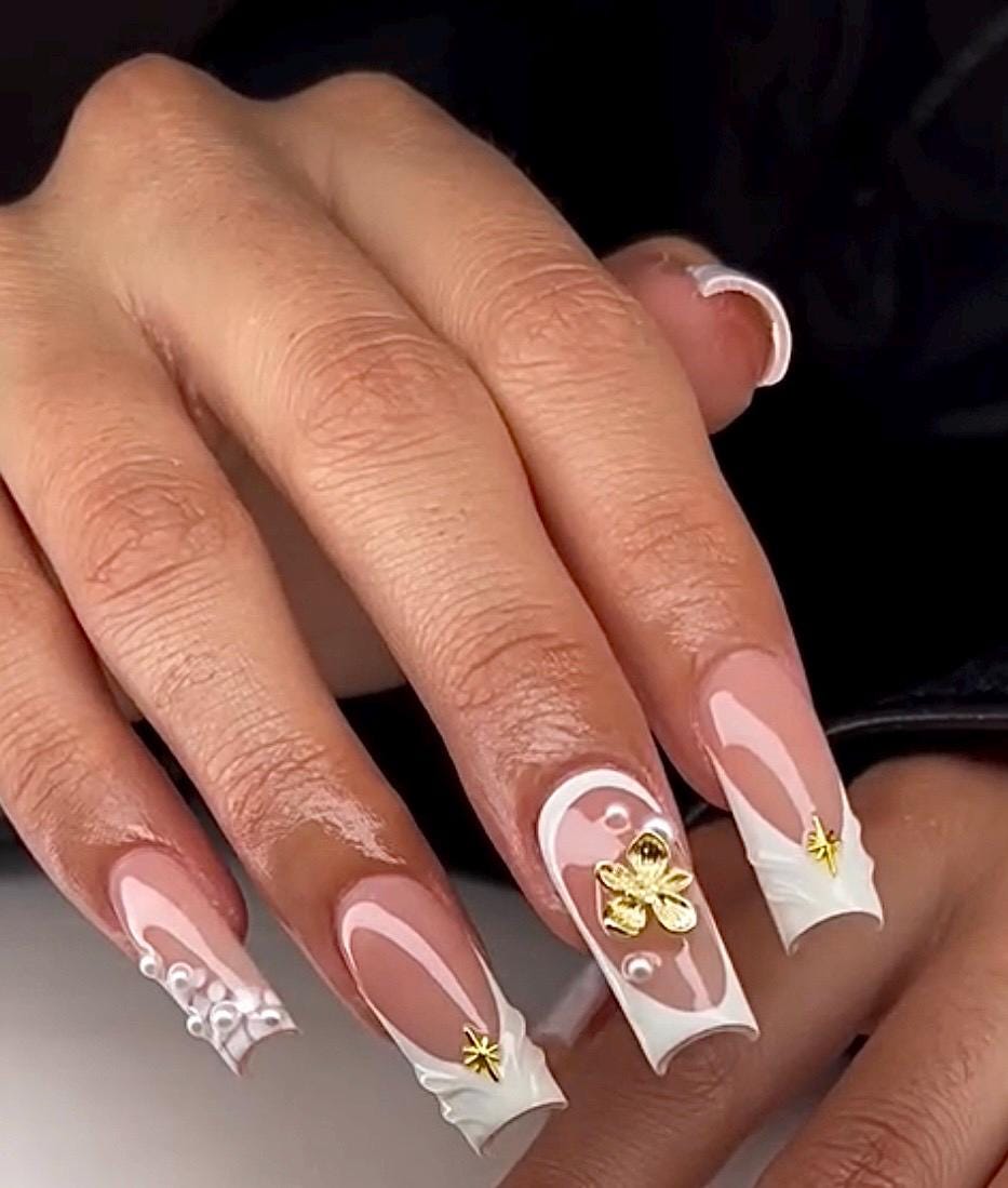 White 3d French + Gold Accents press ons | Spring press on nails | Handmade Press On Nails | SpringPress on Nails