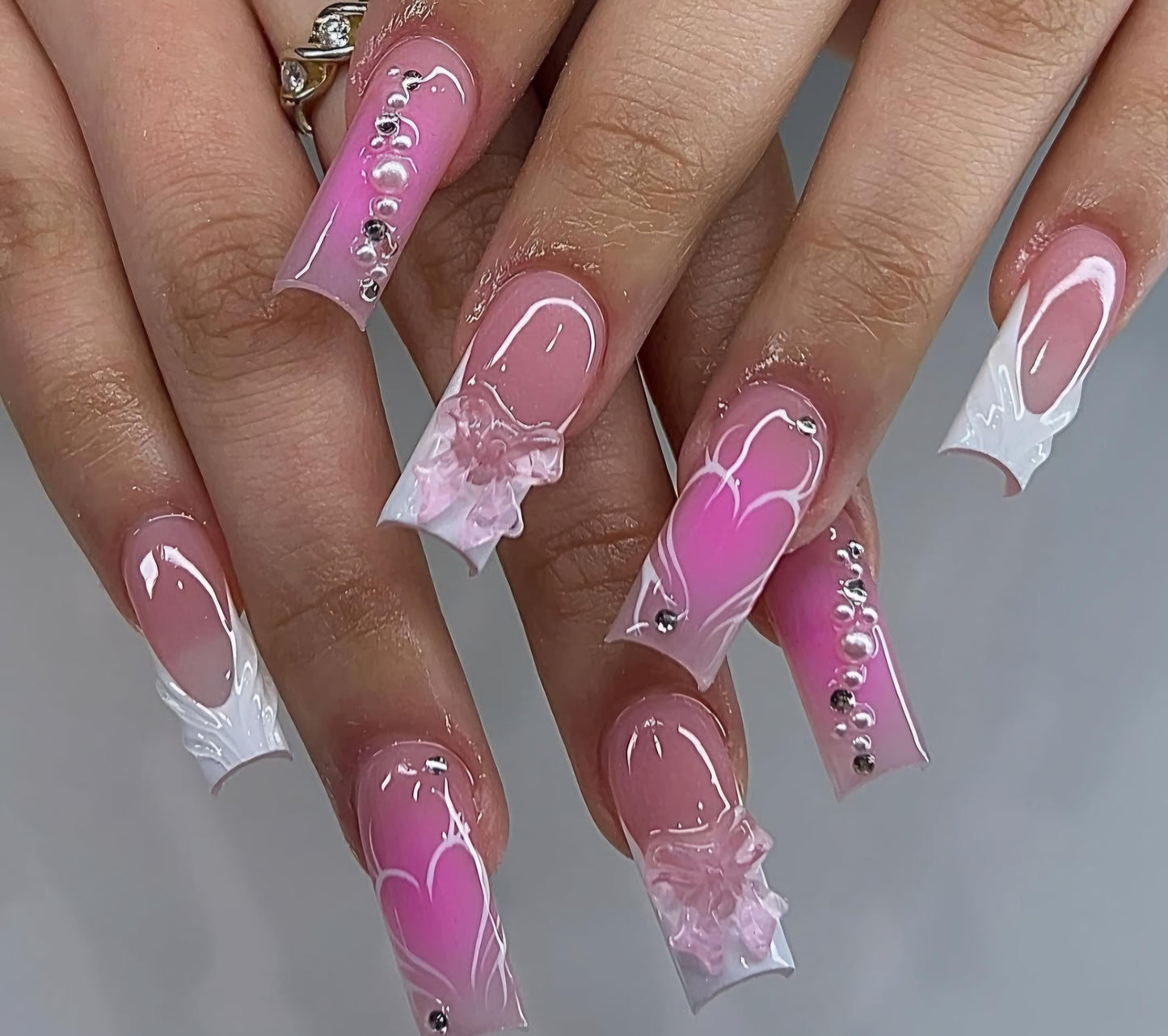 Pink & White Coquette + Charms press ons | Spring press on nails | Handmade Press On Nails | SpringPress on Nails
