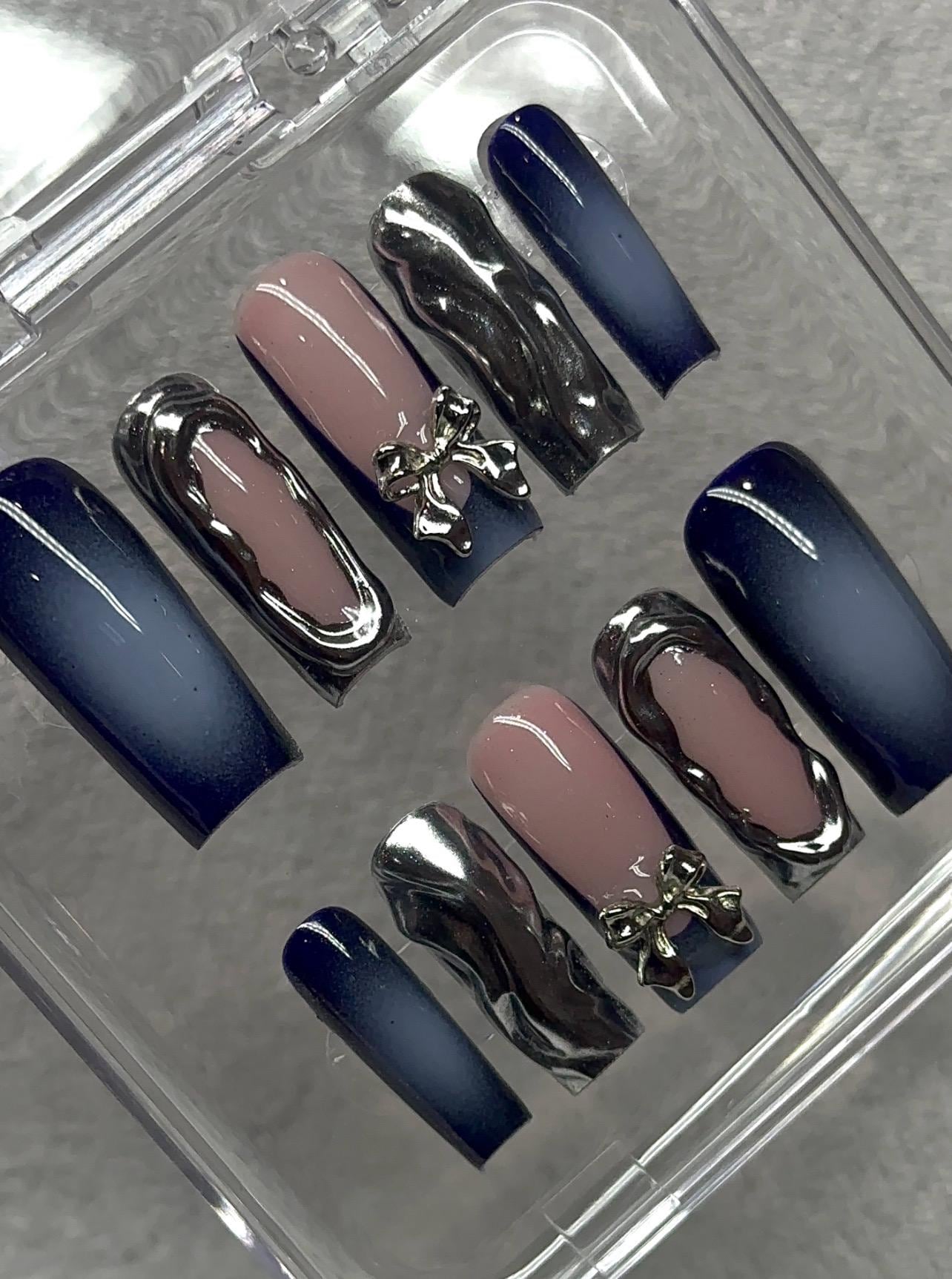 Blue + Molten Metal Chrome press ons | Spring press on nails | Handmade Press On Nails | SpringPress on Nails
