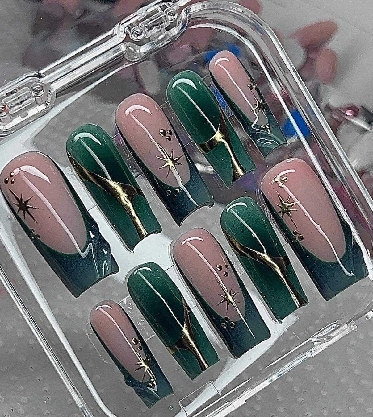 Green Aura + Chrome press ons | Spring press on nails | Handmade Press On Nails | SpringPress on Nails