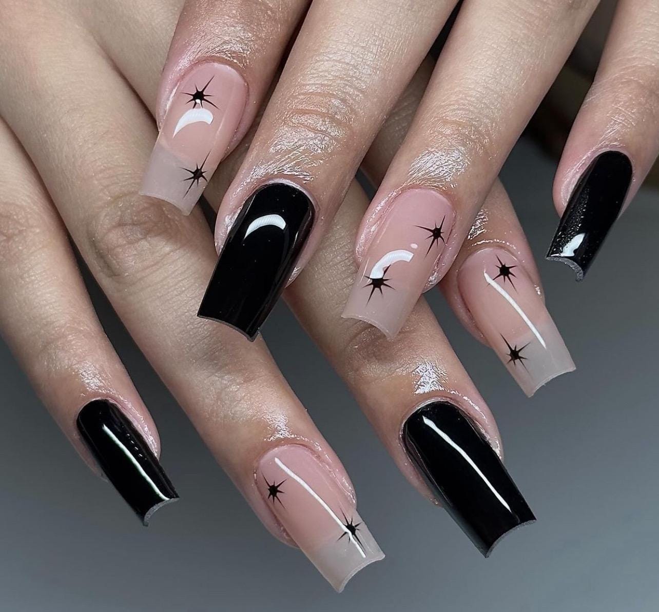Black + Starburst Stars press ons | Valentines Day press on nails | Handmade Press On Nails | Winter Press on Nails