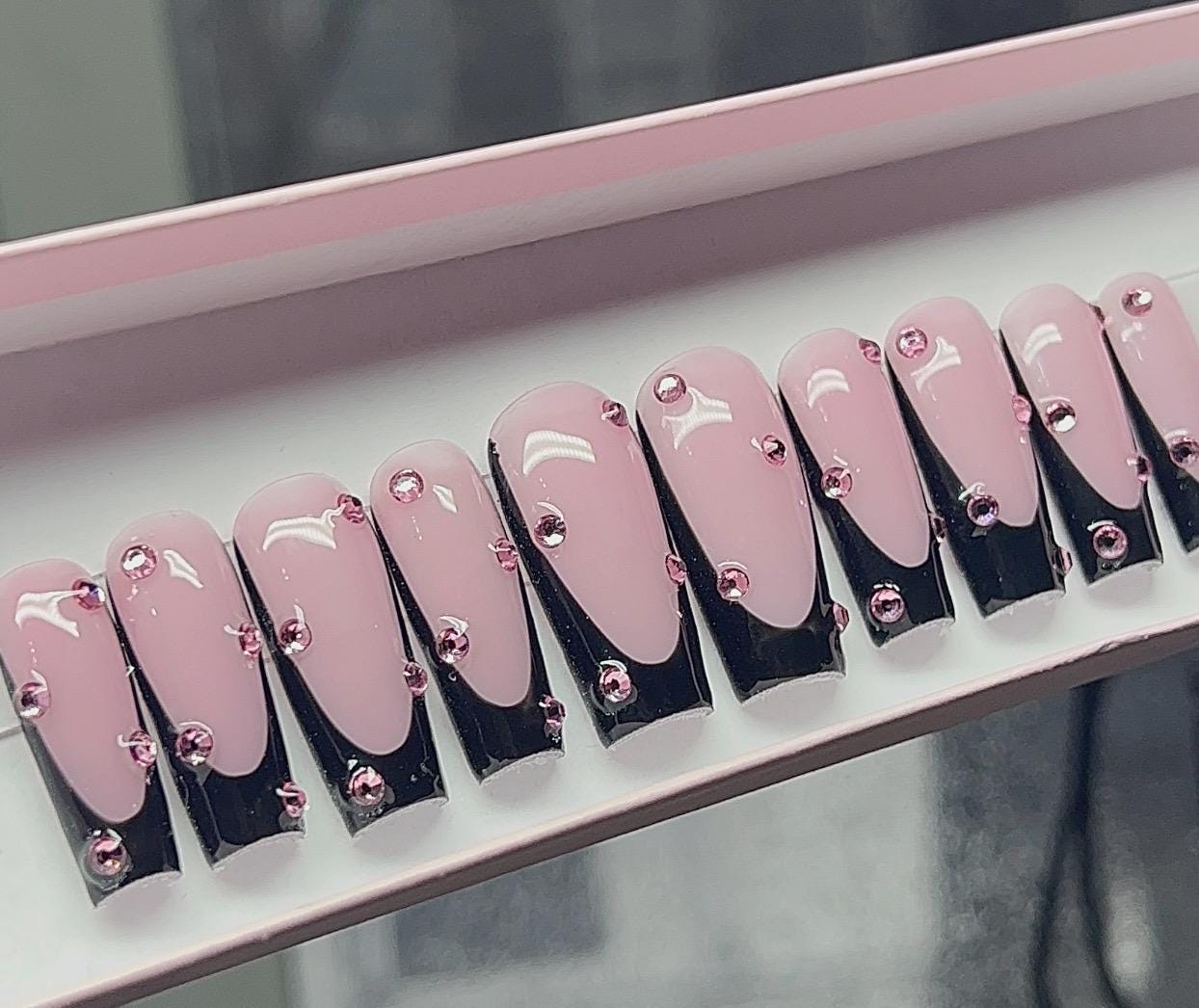 Black French + Pink Rhinestones press ons | Spring press on nails | Handmade Press On Nails | SpringPress on Nails