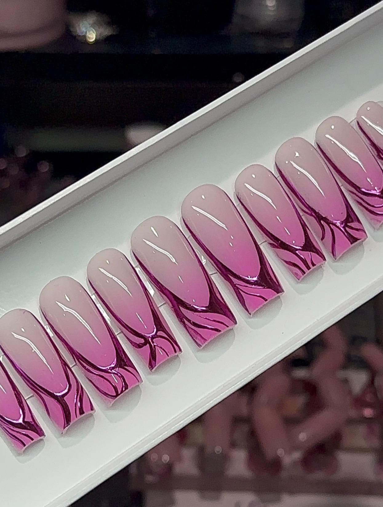 White & Pink Ombre + Abstract Chrome French press ons | Spring press on nails | Handmade Press On Nails | SpringPress on Nails