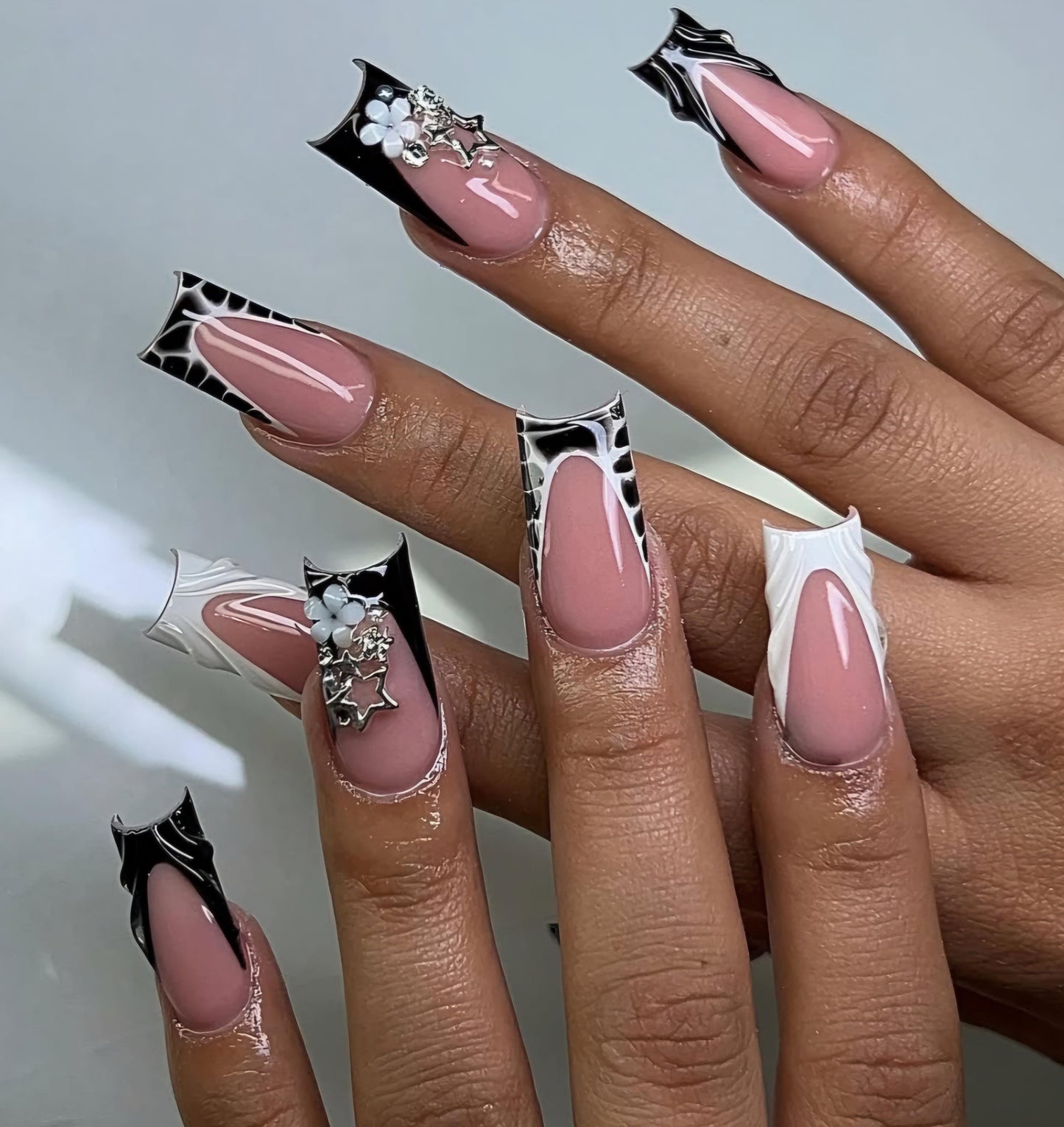 Black & White Croc French + Charms press ons | Spring press on nails | Handmade Press On Nails | SpringPress on Nails