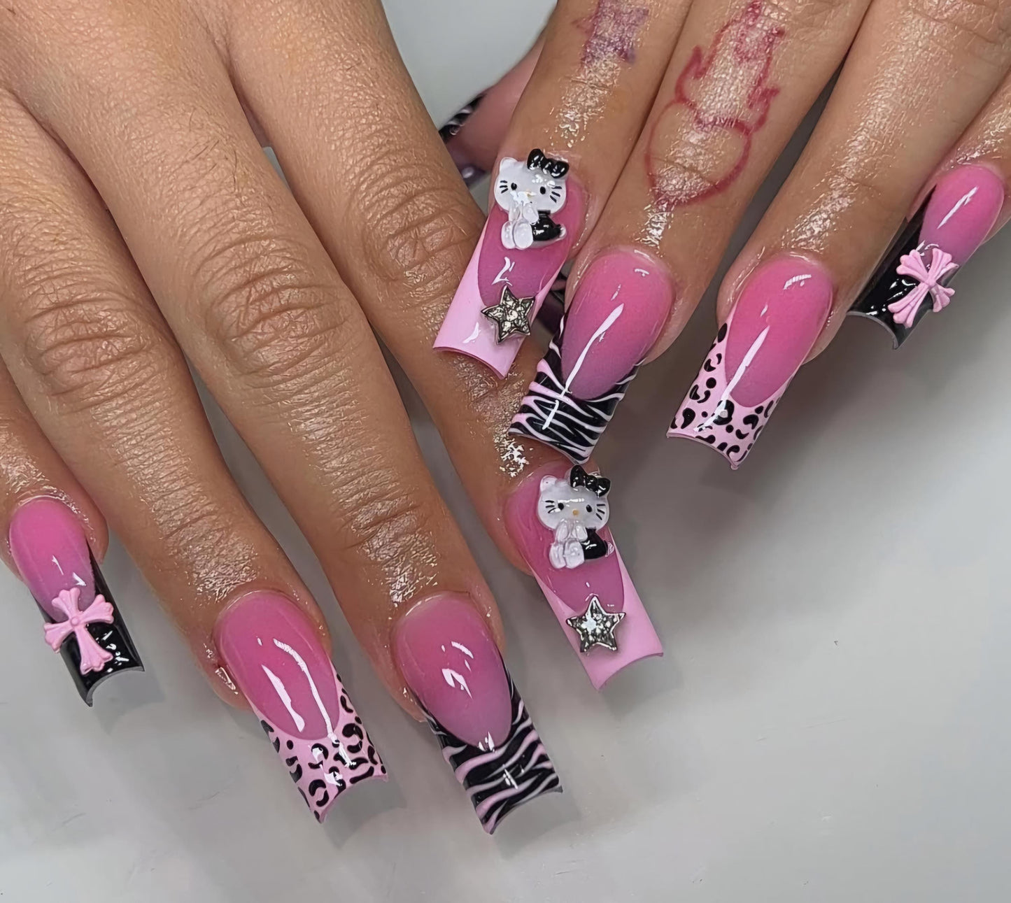 Black & Pink Y2K French + Kitty Charms press ons | Spring press on nails | Handmade Press On Nails | SpringPress on Nails