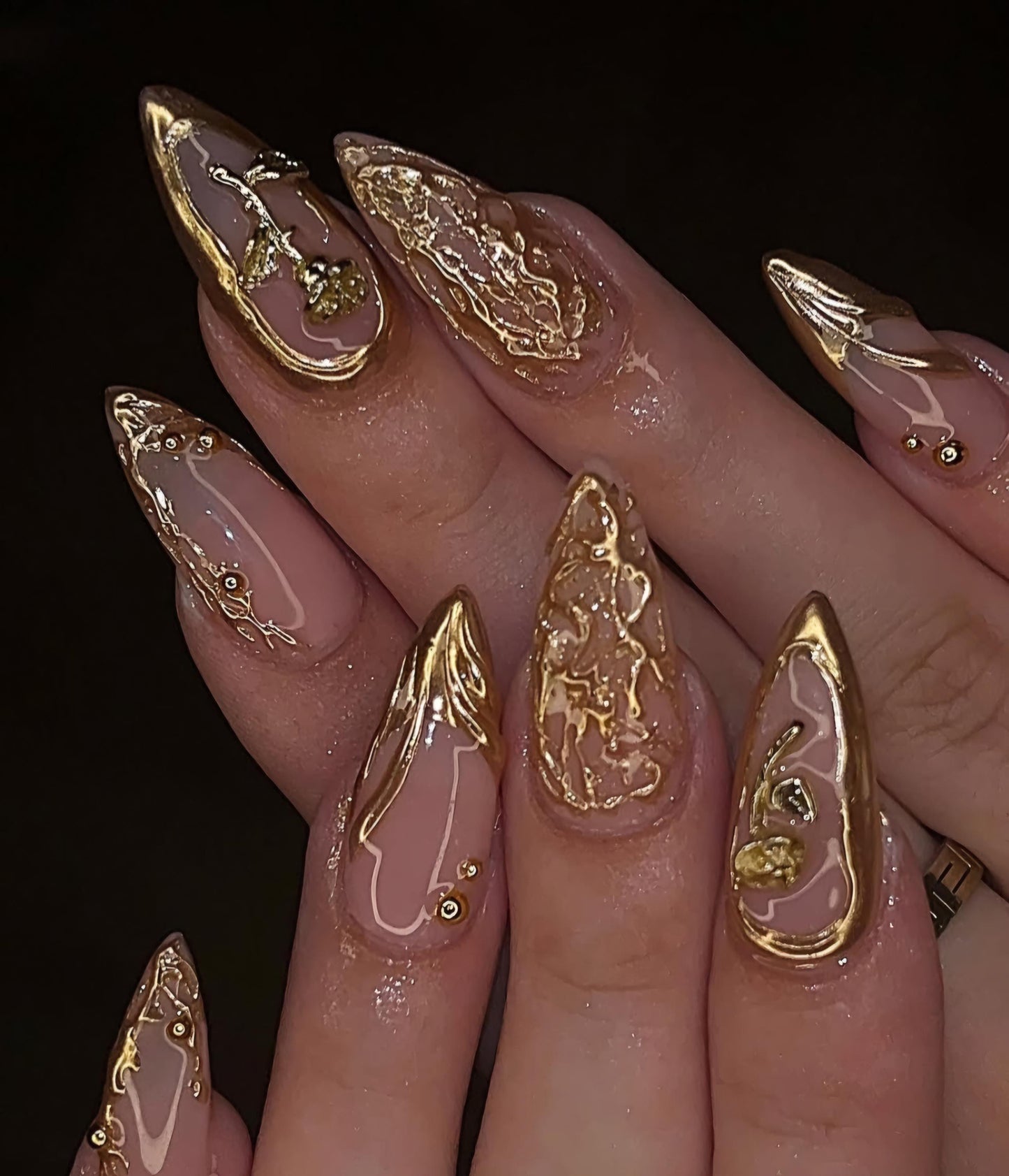 Molten Gold + Charms press ons | Spring press on nails | Handmade Press On Nails | SpringPress on Nails
