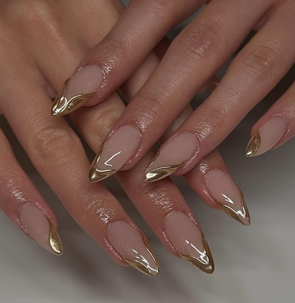 3D Gold Abstract French press ons | Spring press on nails | Handmade Press On Nails | SpringPress on Nails
