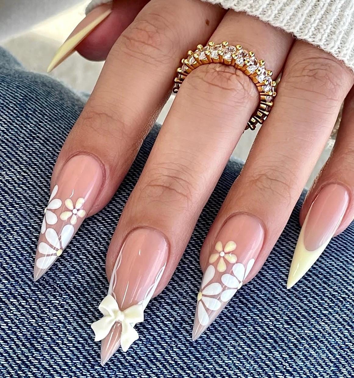 Pastel Yellow French + Flowers press ons | Spring press on nails | Handmade Press On Nails