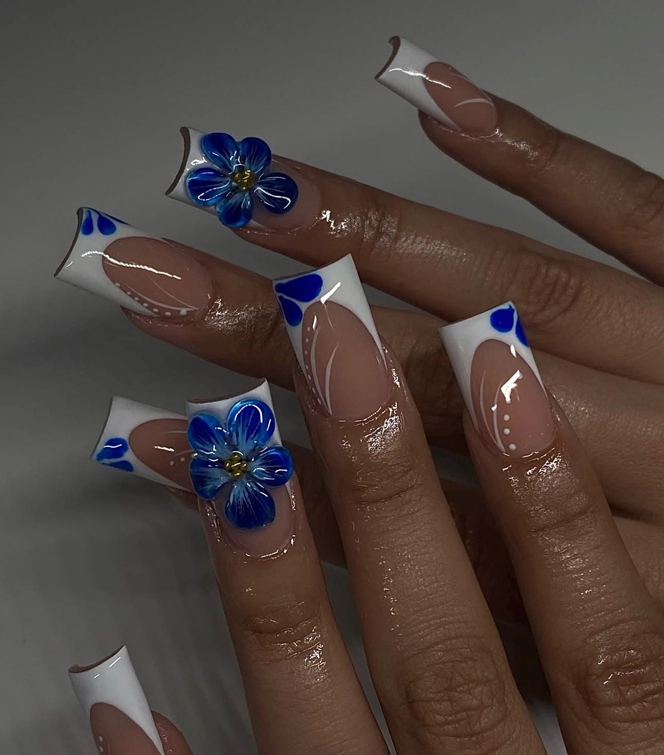 White French + Navy Flowers press ons | Spring press on nails | Handmade Press On Nails