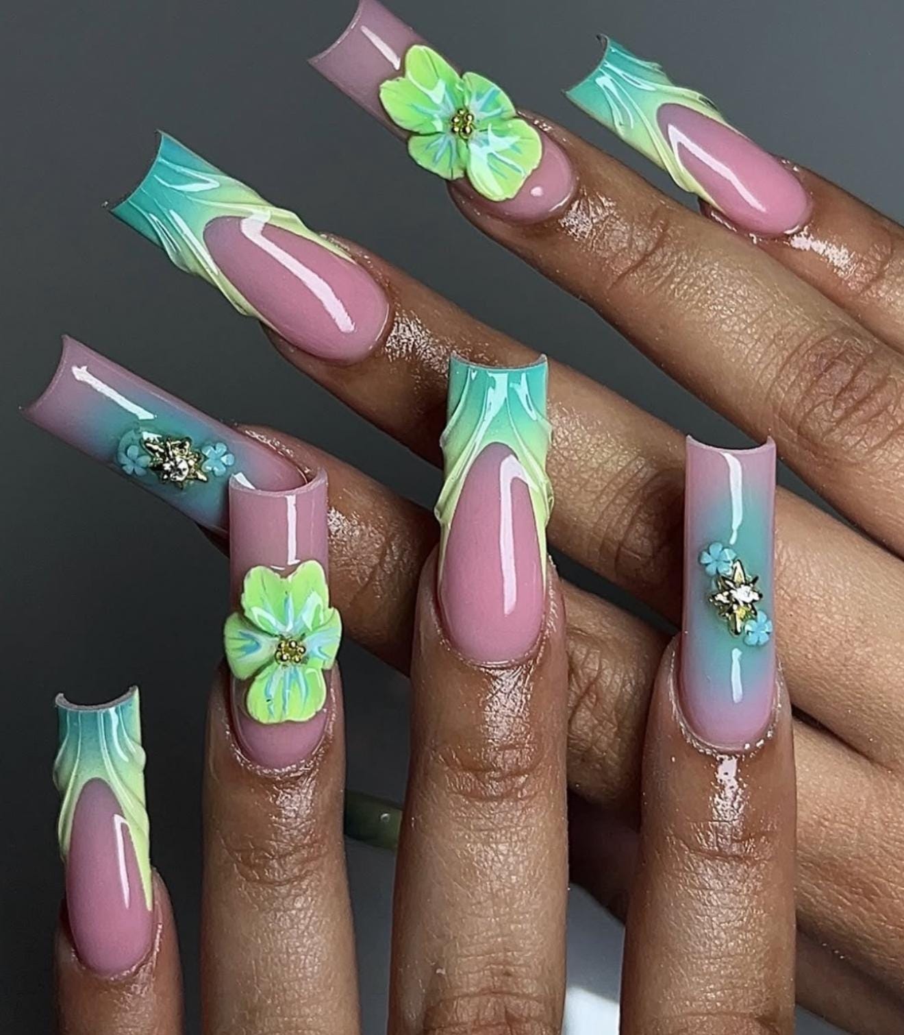 Lime & Teal Ombre + Aura 3D press ons | Spring press on nails | Handmade Press On Nails