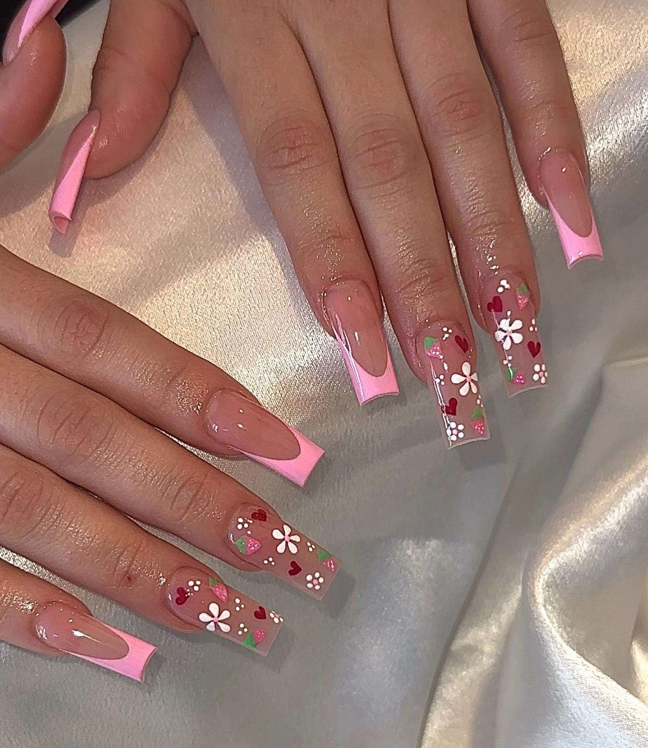 Pink French + Strawberries & Flowers press ons | Spring press on nails | Handmade Press On Nails
