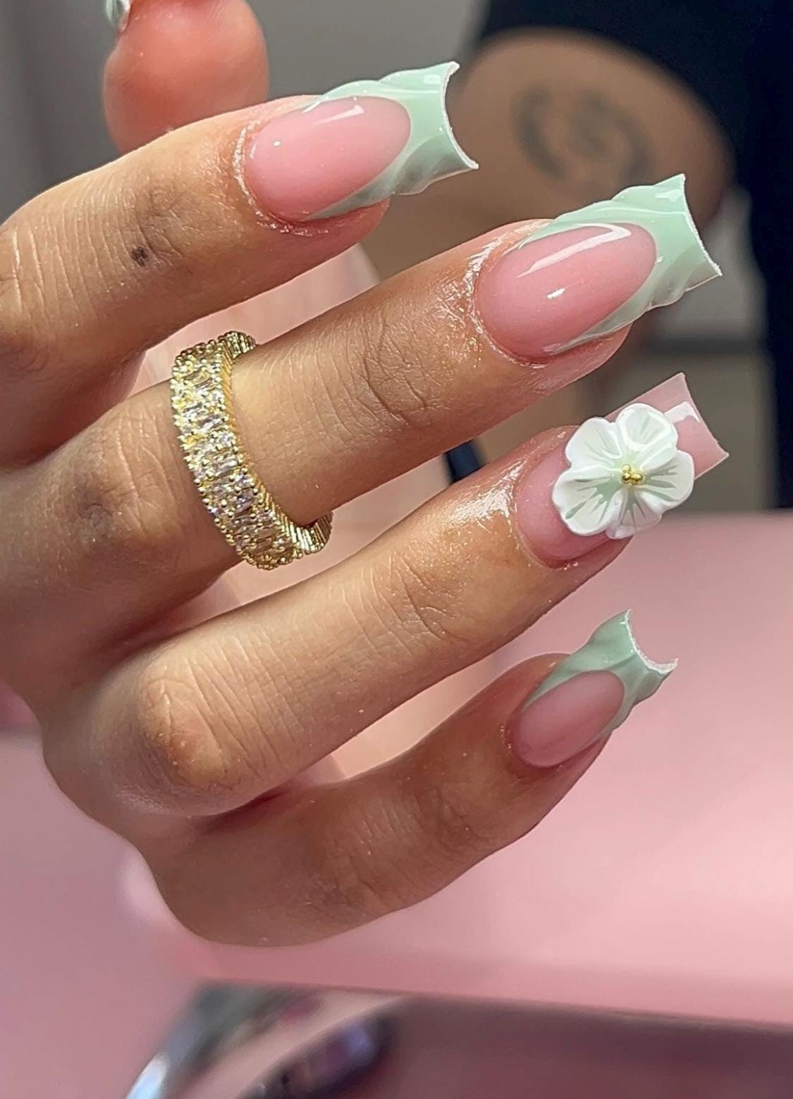 Sage French + 3D flowers press ons | Spring press on nails | Handmade Press On Nails