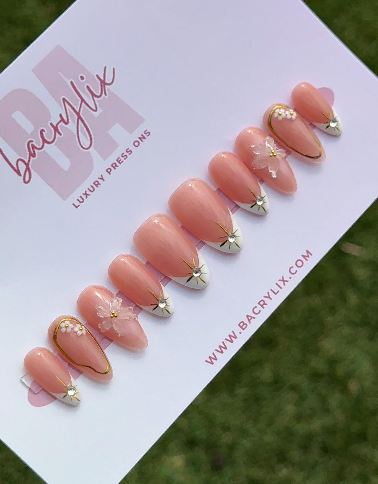 Golden Bloom | Ready-to-Ship Press-On Nail Set | Sizes XS–L | Handmade Press on nails