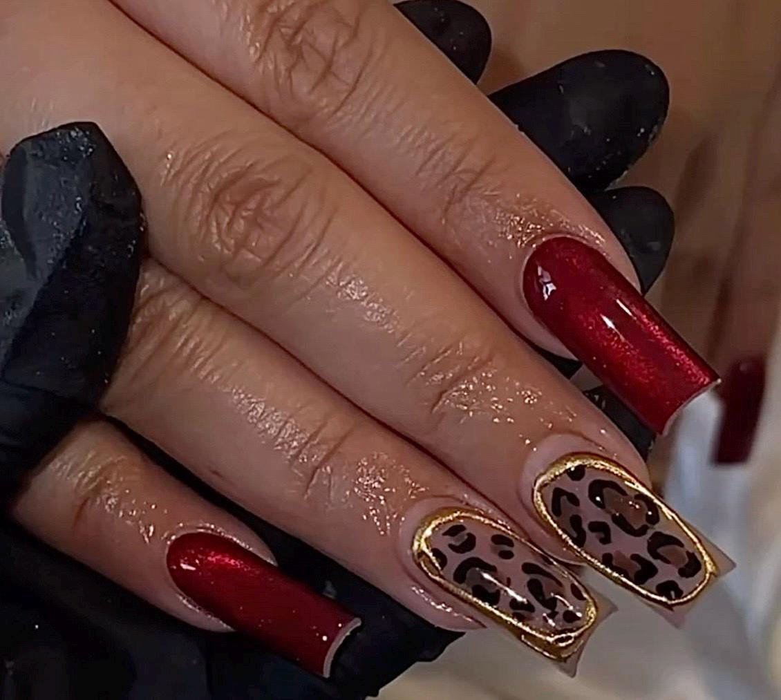 Gold Chrome Cheetah + Red Cateye press ons | Fall press on nails | Handmade Press On Nails