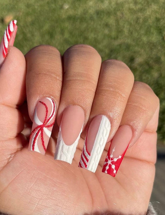 Peppermint Swirl + Sweater French Press ons | Christmas press on nails | Handmade Press On Nails