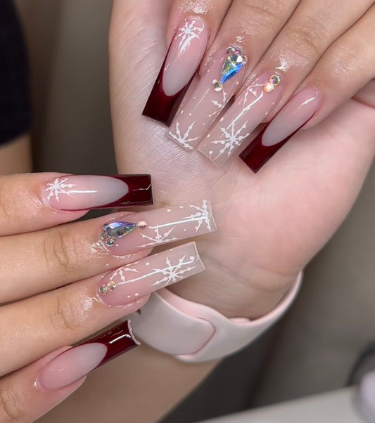 Cateye French + Snowflake press ons | Christmas press on nails | Handmade Press On Nails