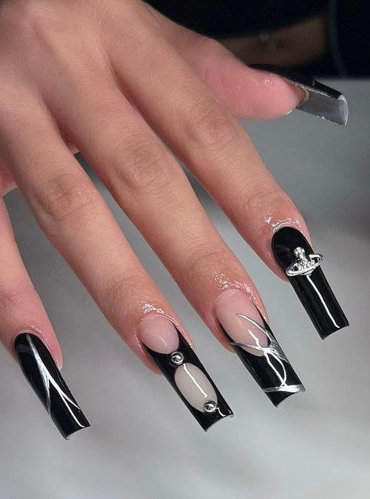 Black + Chrome + French press ons | press on nails | Handmade Press On Nails