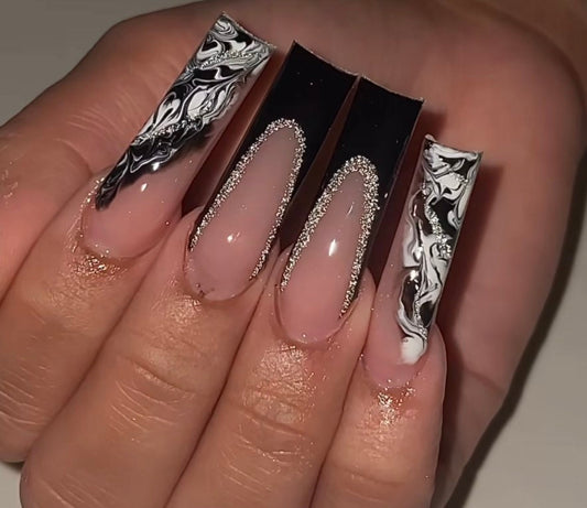 Black Reflective French + Marble press ons | press on nails | Handmade Press On Nails