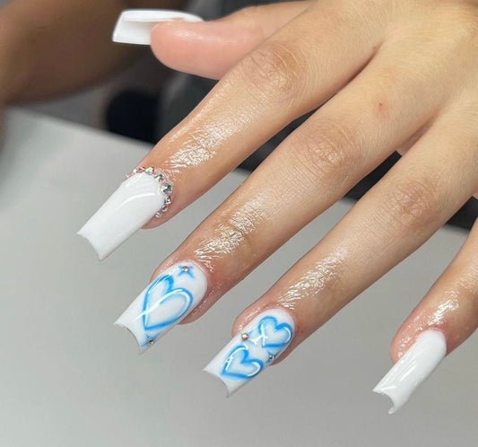 White + Blue Hearts press ons | press on nails | Handmade Press On Nails