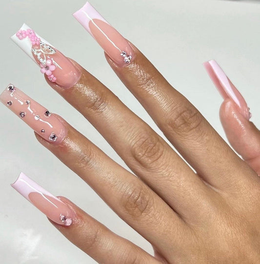 Pink French + Butterfly Charm + 3D flower press ons | press on nails | Handmade Press On Nails