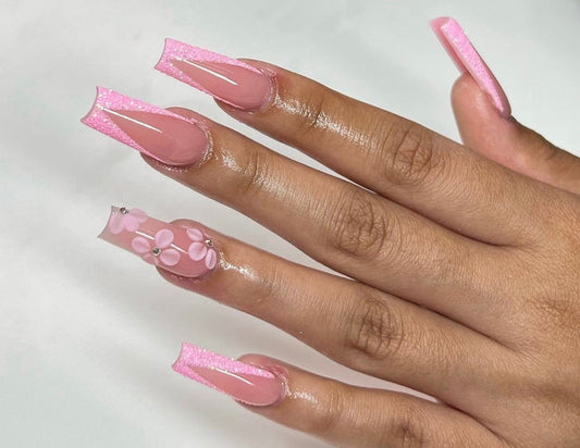 Pink Sugar V Cut + 3D Flowers press ons | press on nails | Handmade Press On Nails