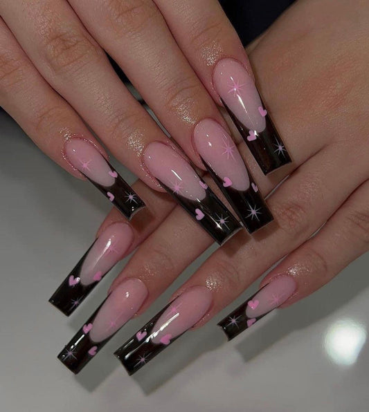 Black French + Hearts press ons | press on nails | Handmade Press On Nails