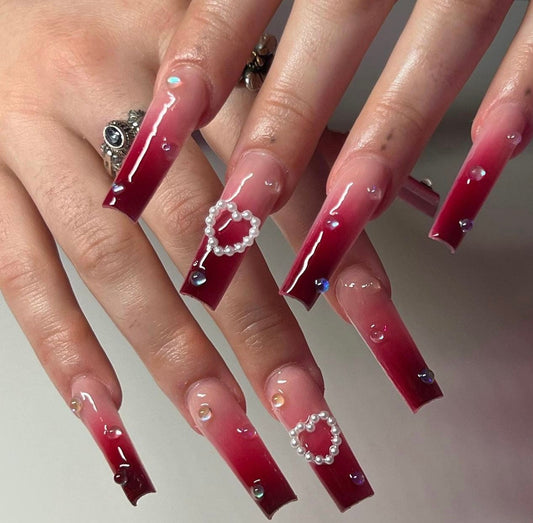 Red Ombré + Charm press ons | press on nails | Handmade Press On Nails