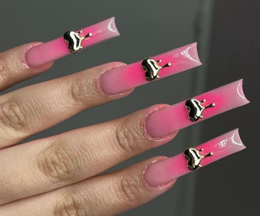 Pink Aura + Chrome Dripping Hearts press ons | press on nails | Handmade Press On Nails
