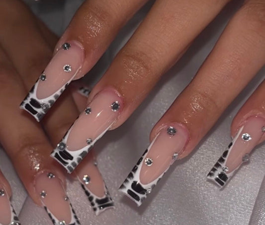 White & Black Croc French + Stones press ons | press on nails | Handmade Press On Nails