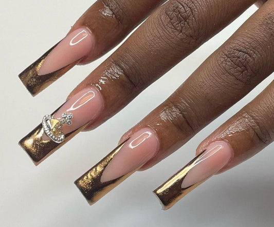 Gold Chrome Frenchies + Charm press ons | press on nails | Handmade Press On Nails