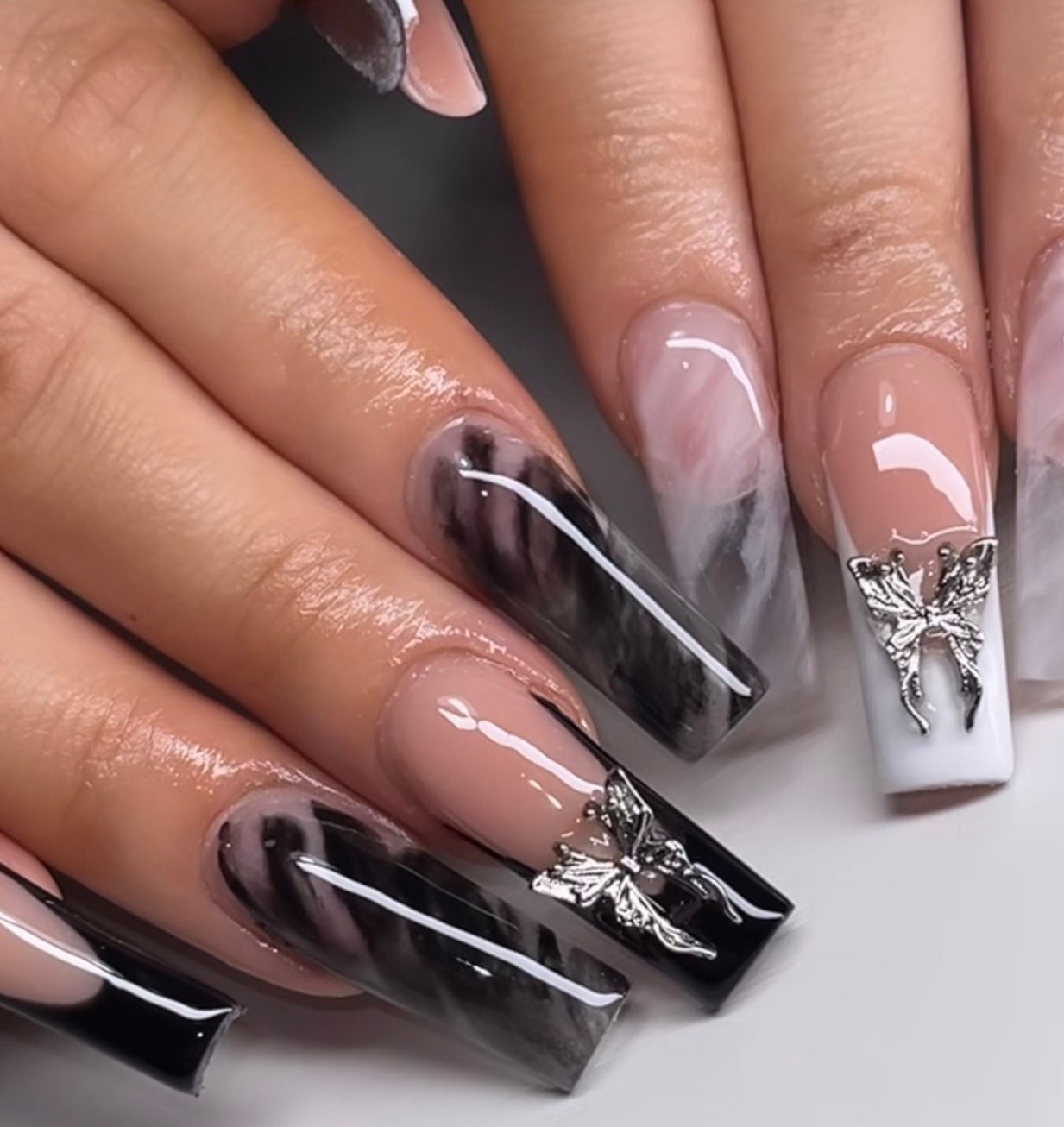 Black & White Marble + French + Charms press ons | press on nails | Handmade Press On Nails
