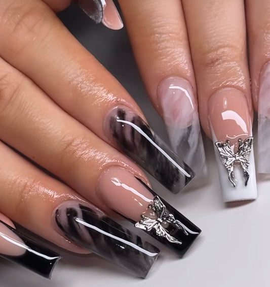 Black & White Marble + French + Charms press ons | press on nails | Handmade Press On Nails