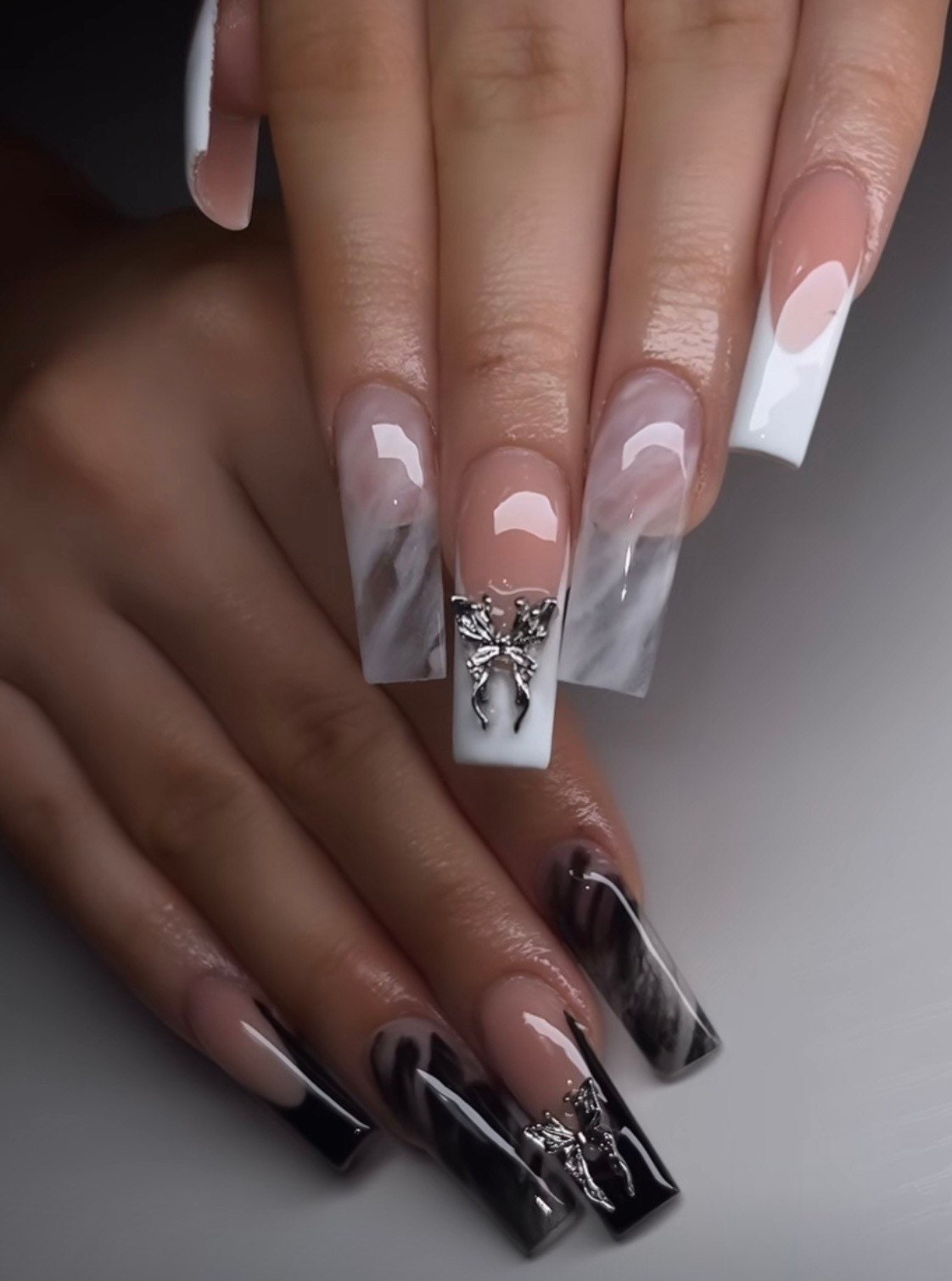 Black & White Marble + French + Charms press ons | press on nails | Handmade Press On Nails